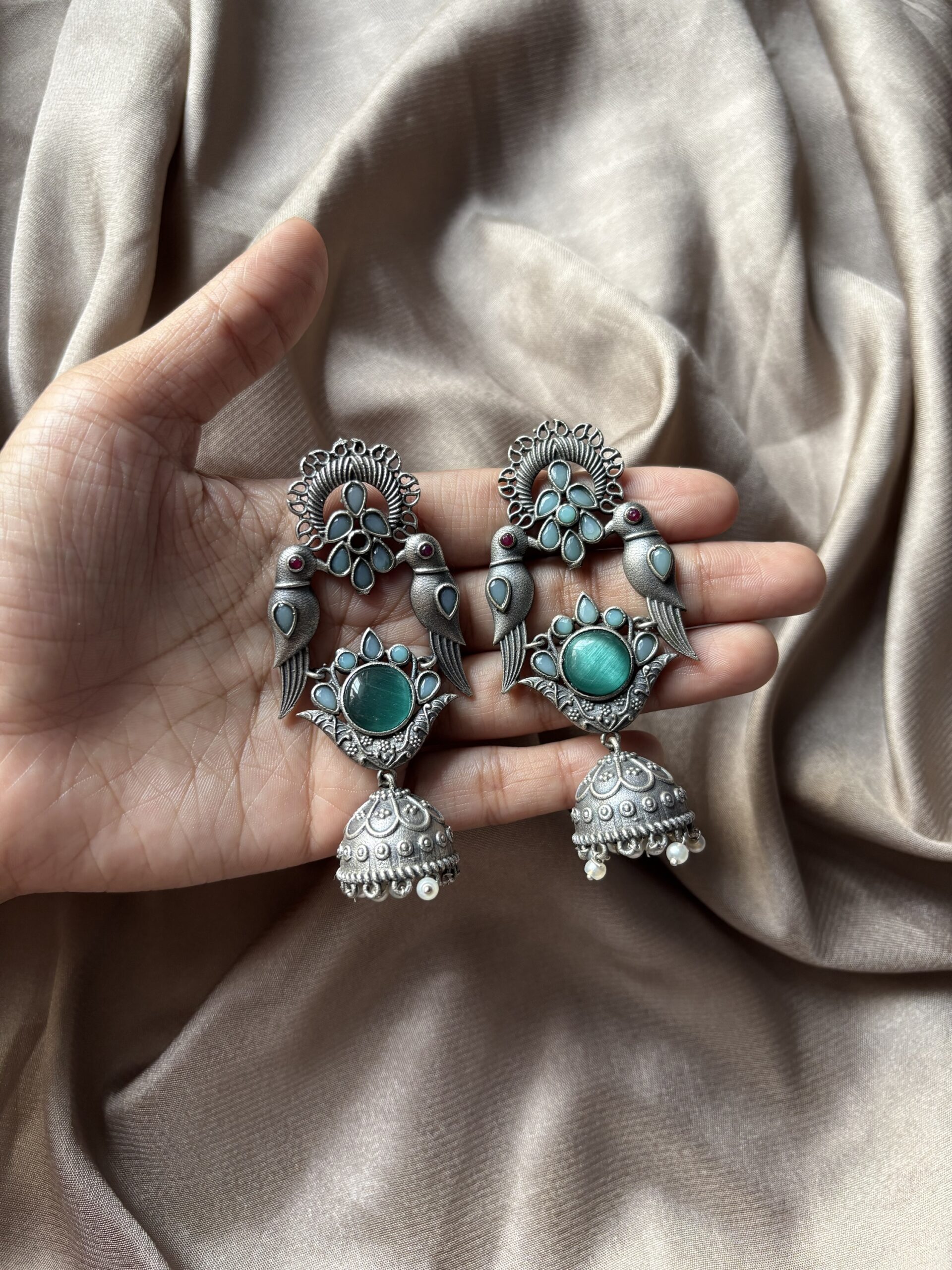 Blue Silver Oxidised jhumka