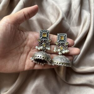 Silver yellow oxidised jhumka