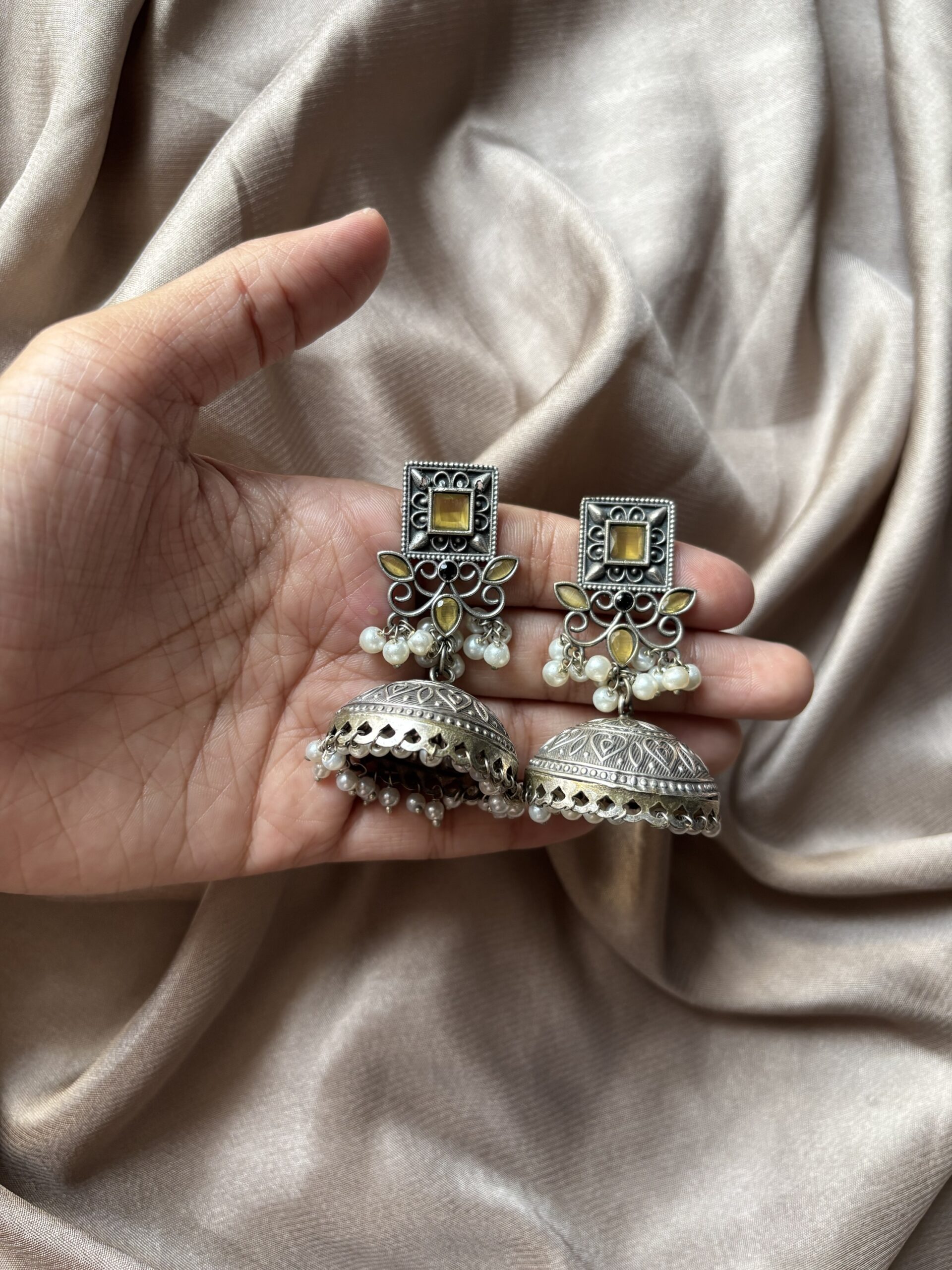 Silver yellow oxidised jhumka