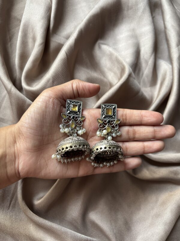 Silver yellow oxidised jhumka - Image 2